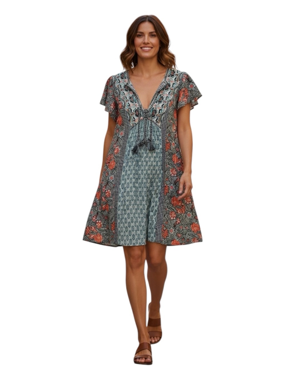 Anthropologie Boho Mint Green and Coral Paisley V-Neck Dress